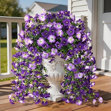 Artificial Fake Hanging Flowers Plants for Outdoor Spring Decoration,2 PCS Faux Silk Morning Glory with Eucalyptus Leaves,UV Resistant Realistic Trailing Vines for Balcony Porch Patio Yard Garden