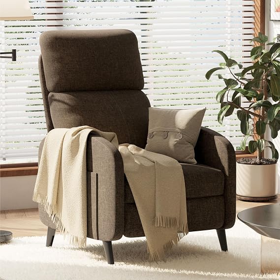 FLEXISPOT XC2 Recliner Chair for Adults, Fabric Small Reclining Chair Home Theater Seating with Side Pockets, Adjustable Modern Single Sofa Armchair, Extended Footrest for Living Room(Brown)