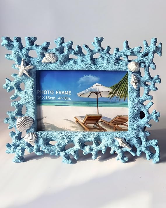 Blue 4x6 Shell Picture Frame, Resin Coral Beach Decor