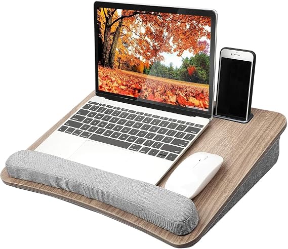 HUANUO Laptop Lap Desk with Cushion, Fit up to 15.6" Laptops, Woodgrain | Portable Lap Desk with Pillow Cushion, Anti-Slip Strip & Storage Function for Home Office Students as Computer Laptop Stand