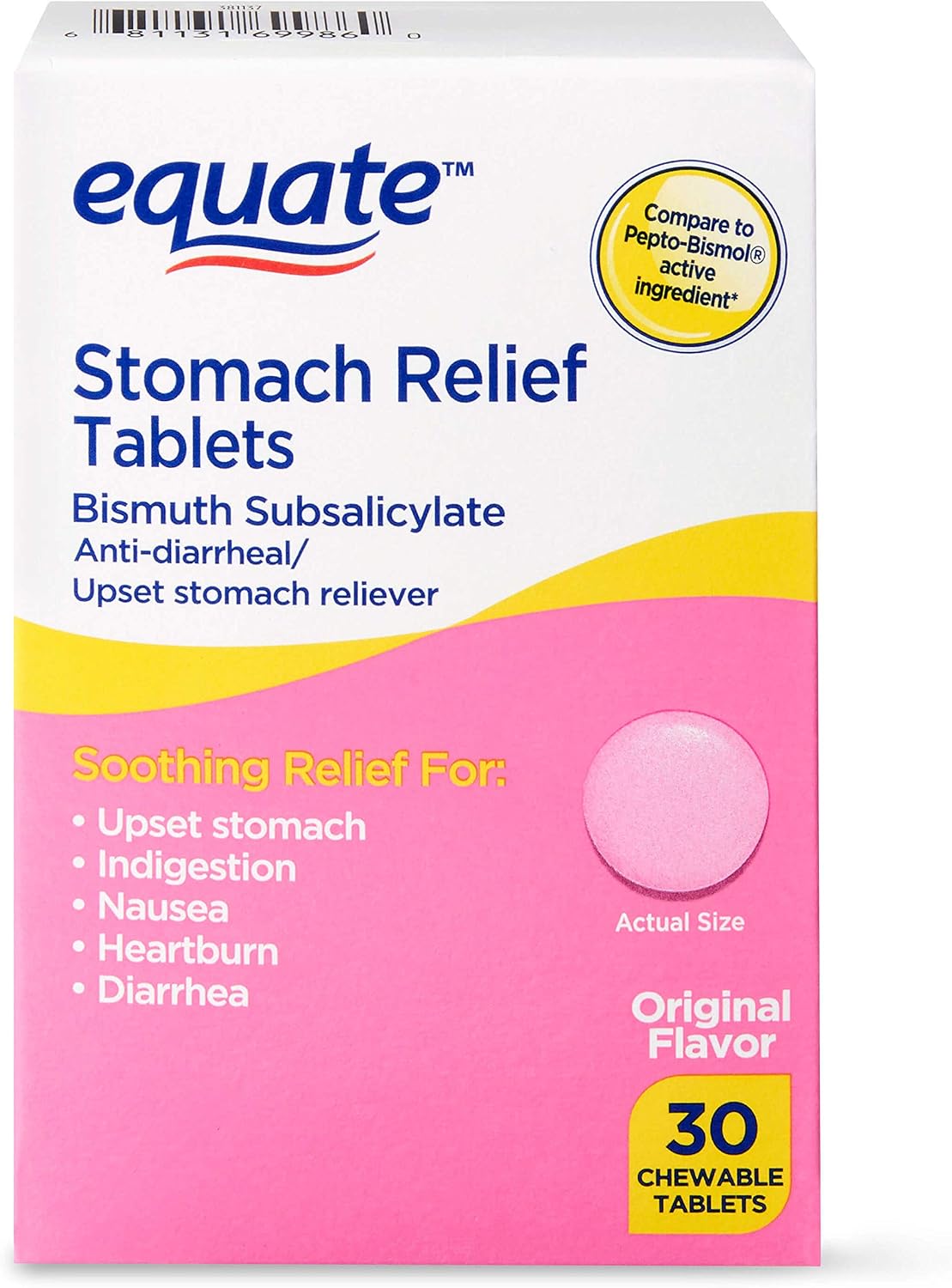 Equate - Stomach Relief, Pink Bismuth Subsalicylate, 30 Chewable Tablets