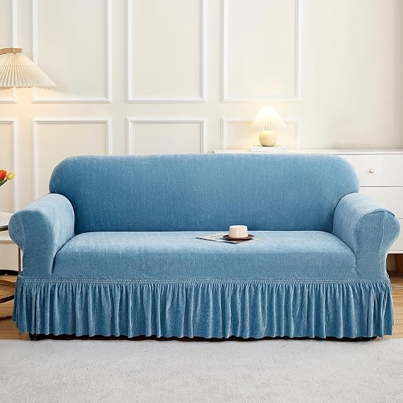 Chenille Sofa Cover With Ruffle Skirt, Solid Color, High Stretch, Washable, For Chair, Loveseat, Sectional Sofa (02, 2 Seaters (145-185cm))