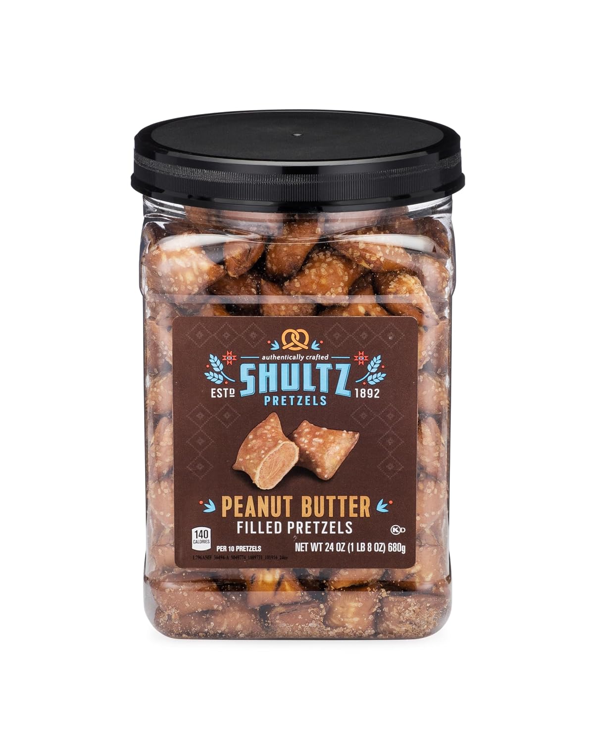 Office Snax Case of 8-1.5lb Tubs Shultz Peanut Butter Filled Pretzels, 24oz Resealable Container, Salted pretzel with Peanut Butter Filling, Smooth and Crunchy
