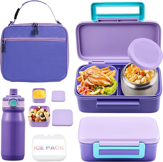 JXXM Bento Lunch Box for Kids With 8oz Thermo, Leakproof Bento Box with with 2 Compartments, Insulated Bottle, Lunch Bag