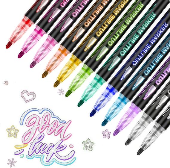 Shimmer Markers 12 Colors Metallic Glitter Pens Set Outline Double Line Super Squiggles Sparkle Kid Gift Self Doodle Drawing Supplies Art Craft Teen Girl Dazzlers Dazzles Women Stuff