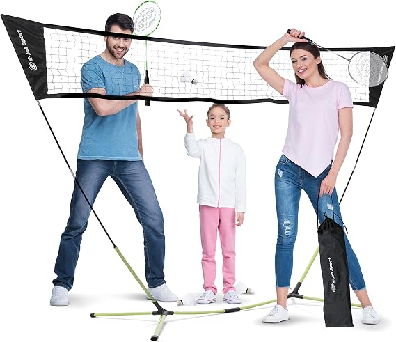 E-Jet Badminton Net Rackets Shuttlecocks Combo Set - Portable & Instant Setup (Backyard Fun, Beach Park Picnic Outdoor Games), Green, 5.1 x 7.8Ft (EOB727402022)