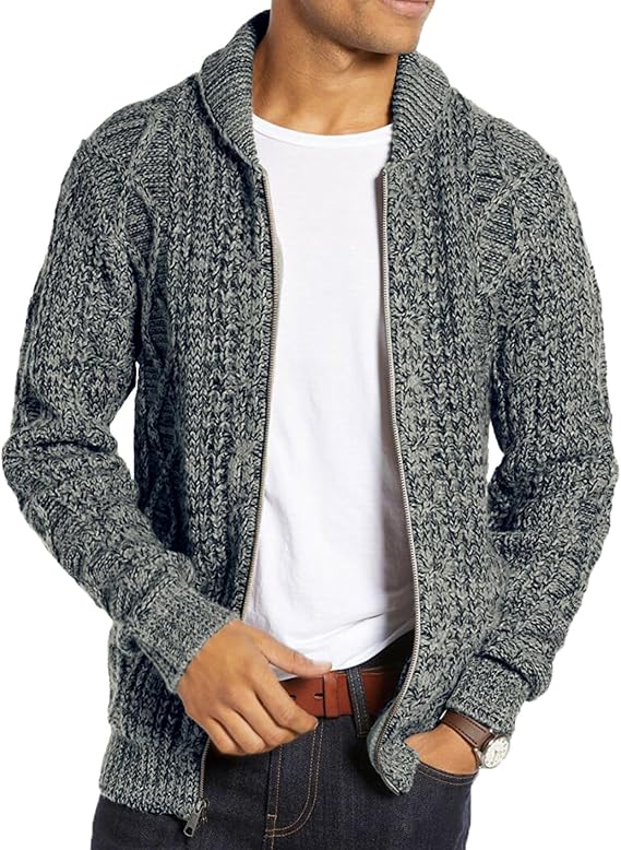 Ryannology Mens Zip Up Cardigan Sweater Shawl Collar Cable Knit Sweaters | Full-Zip, Textured Knit, Long Sleeve, Business Casual Style, Soft Warm Cardigan, Fall & Winter Outerwear