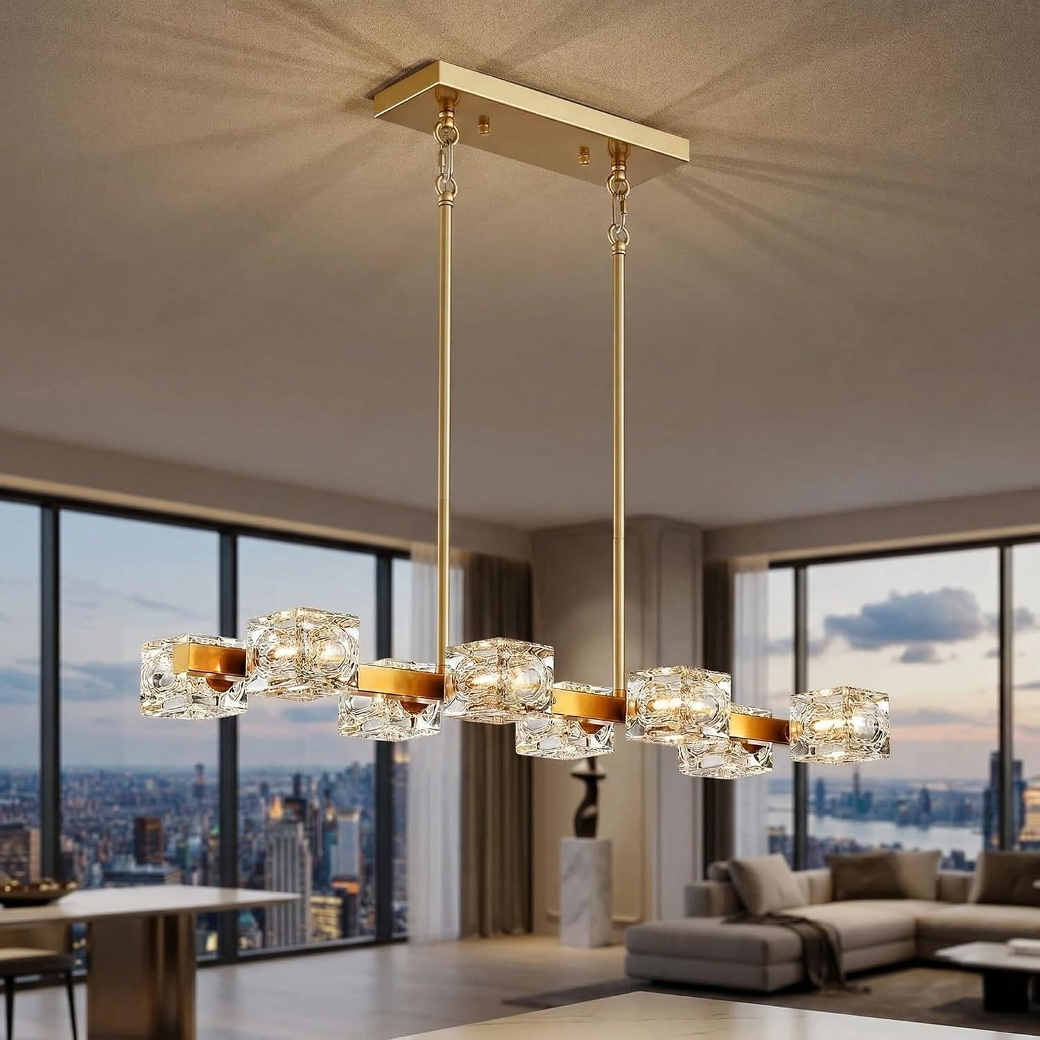 Modern Ceiling Light Fixture For Dining Room And Kitchen Island, 31.5" 8-light Gold Linear Crystal Chandelier, Rectangular Pendant Light Perfect For Living Room, Over Table, Bedroom And Home