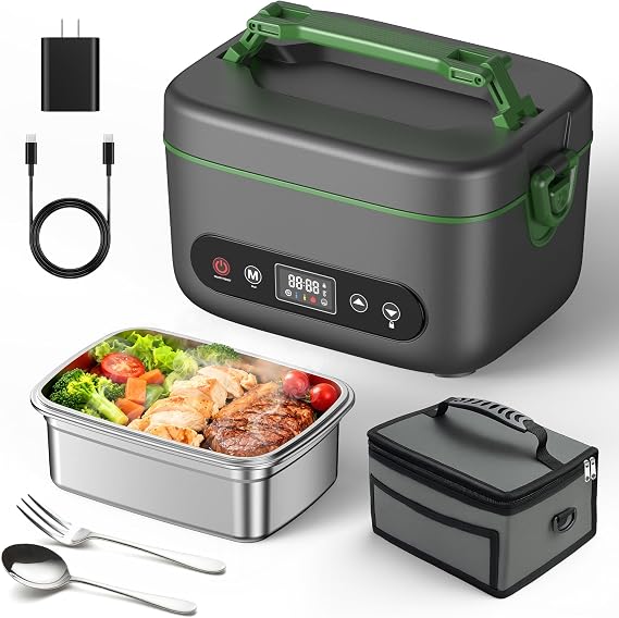 Cordless Electric Lunch Box for Adults:20000mAh Rechargeable Heated Lunch Box with Self Heating & 1.2L Portable Food Warmer for Work Travel Car(Gray-Green)