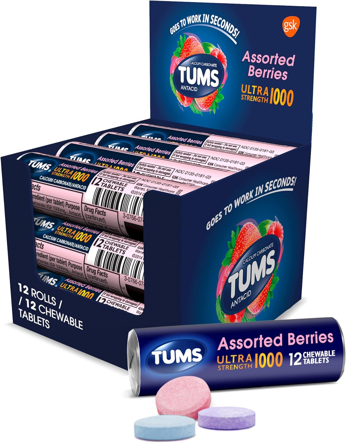 TUMS Ultra Strength Antacid Tablets for Chewable Heartburn Relief and Acid Indigestion Relief, Assorted Berries - 12 Pack of 12 Count Rolls