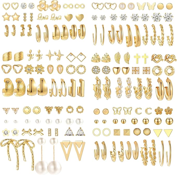 82 Pairs Gold Earrings for Women Trendy, Pearl Bow Small Hoop Stud Earrings Pack, Earring Set Multiple Piercing for Birthday Party Gift