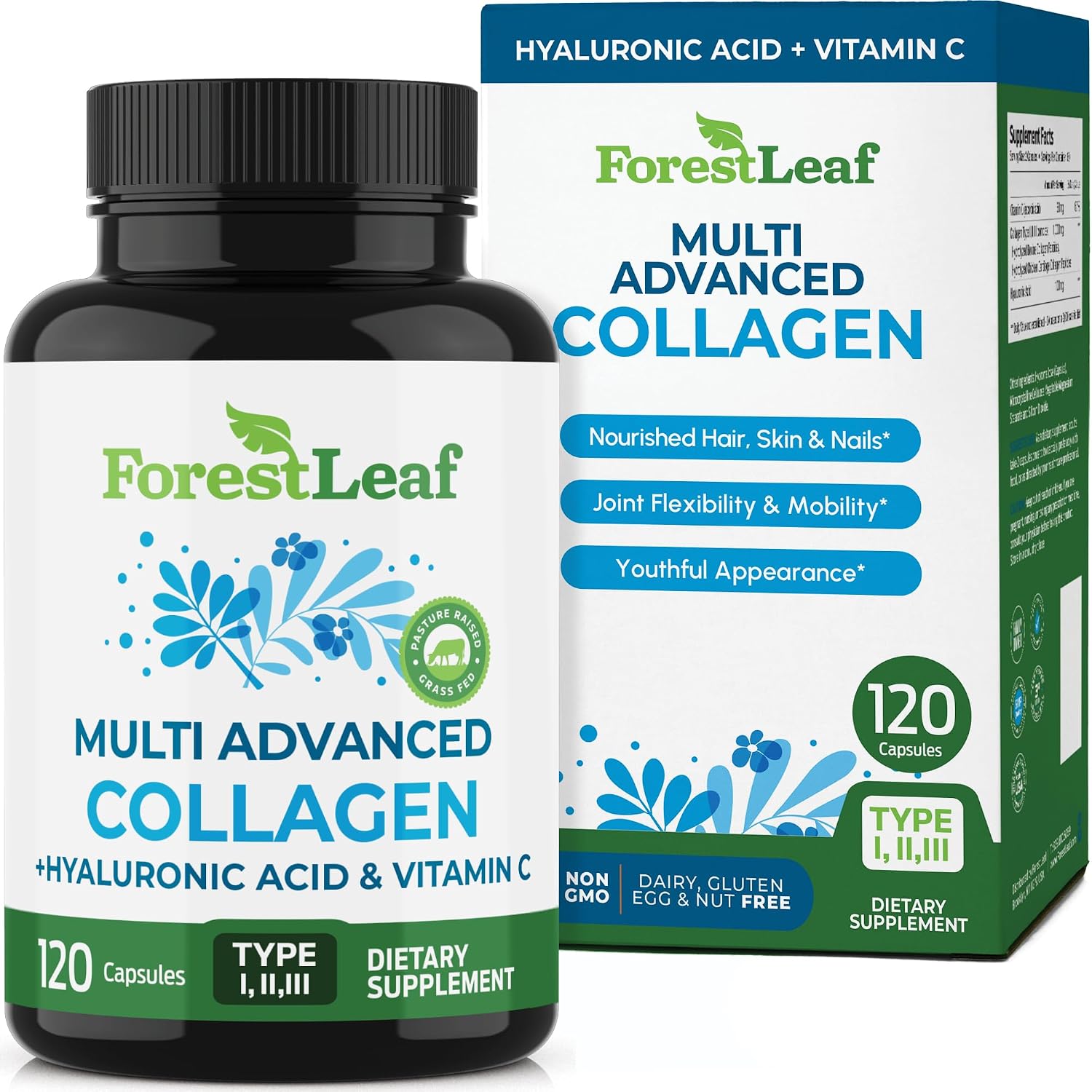 ForestLeaf Multi Collagen Pills with Hyaluronic Acid  Vitamin C | Hydrolyzed Collagen Supplements for Women or Men | Multi Collagen Capsules Peptides for Skin, Wrinkles, 120 Caps