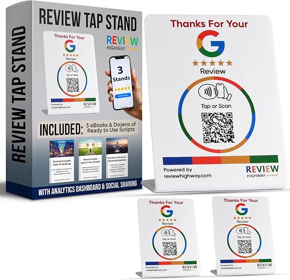 NFC Tap Stand for Google Reviews, QR Code, 3-Pack, White | Countertop sign stand, no subscription or app, instant reviews, reusable, easy setup, works with iPhone and Android