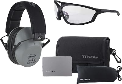 TITUS 2 Series - 34 NRR Slim-Line Hearing Protection & G26 Competition Z87.1 Safety Glasses Combos Grey, Clear