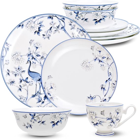 16PCS Dinnerware Gift Box Set for 4,Elegant Peacock Design | Jingdezhen Blue& White Porcelain,50% Fine Bone China Tableware for Wedding & Housewarming Gift, Microwave & Dishwasher Safe