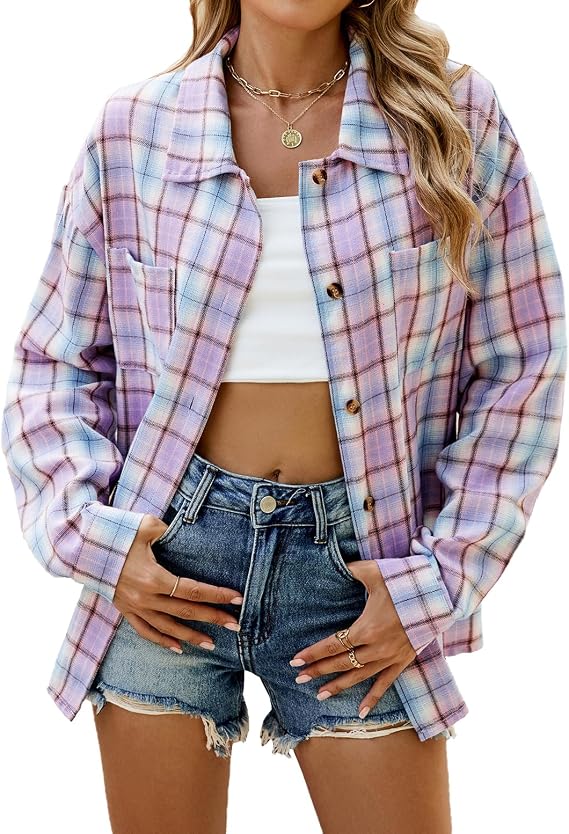 SEGRILA Womens Button Down Plaid Flannel Shirt Tops Long Sleeve Casual Blouse Top Pink