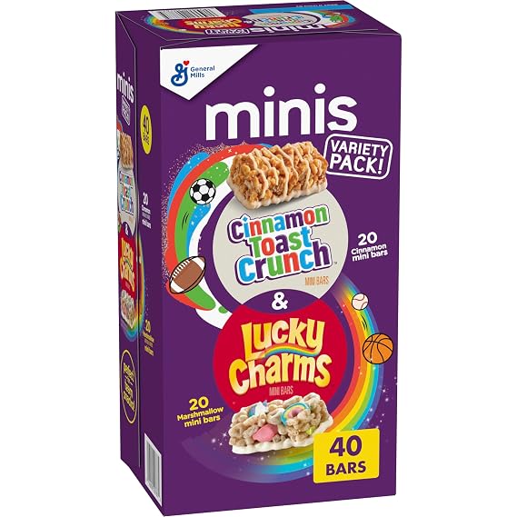 General Mills Cereal Lucky Charms and Cinnamon Toast Crunch Mini Cereal Treat Bars Variety Pack, 40 Ct, 20 oz