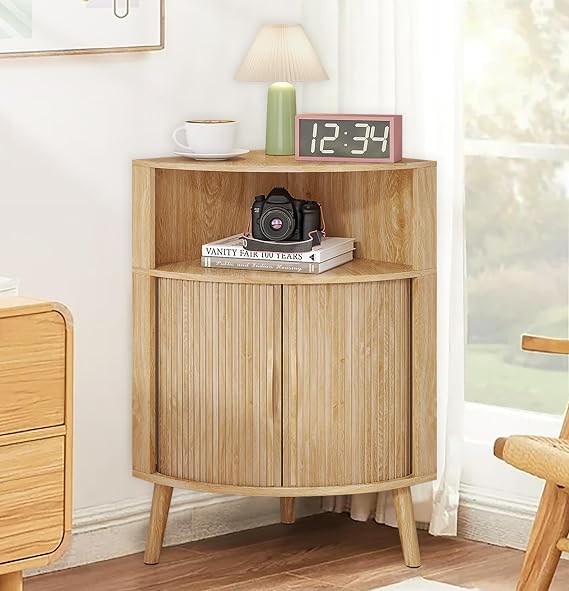 Bathroom Corner Storage Cabinet, 31.5''H Small Floor Corner Cabinet with 2 Fluted Doors and Shelves, Freestanding Narrow Cabinets Organizer for Living Room, Kitchen (Wood Color, 31.5''H)