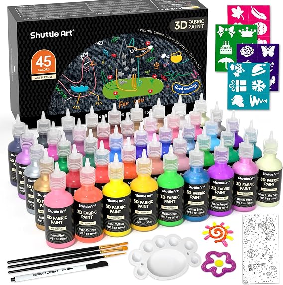 Shuttle Art Fabric Paint Set, 45 Colors 3D Permanent Paint with Brushes Palette Pen Fabric Sheet Stencils, Glow in The Dark, Glitter,Metallic Colors for Textile Fabric T-shirt Jeans Glass