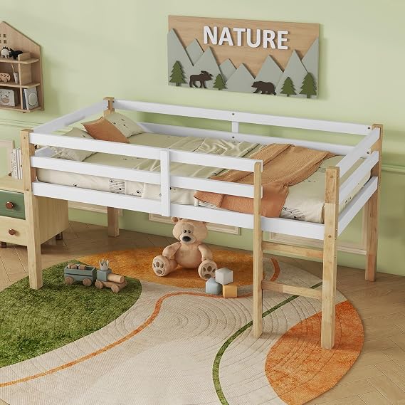 Bellemave Twin Size loft Bed for Kids with Ladder, Wooden Low loft Bed for Kids, Natura and White