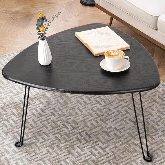 Black Folding Coffee Table Small Oval Coffee Tables Wooden Triangle Floor Desk for Sitting on the Floor Mid Century Modern Center Sofa Table for Living Room Home Office Outdoor Use