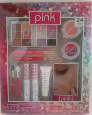 Pink Viva 24 Piece Make Up Set. Eye Shadows, Mascara, Liquid Eyeliner, Eye Shadow Primer, Lip Pencils, Lip Gloss Solids, Sheet Face Art Tattoos, Brush & Sponge Applicator.