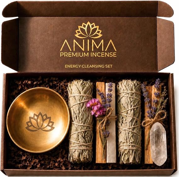 Anima Energy Cleansing Set for Release, Renewal & Positive Energy | Elegant gift box with two white sage sticks, two palo santo sticks, clear quartz, selenite and a golden lotus smudge bowl