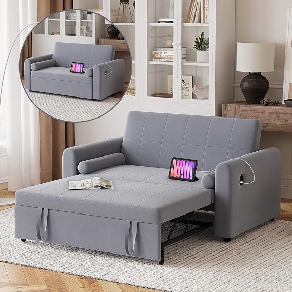 2 Seater Sofa Bed, 3-in-1 Convertible Linen Sleeper Double Sofa Bed with Storage Pockets, USB & Type-C Ports and 3-Position Adjustable Backrest, Pull Out Couch Bed for Living Room, Bedroom, Dark Grey
