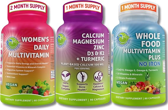 Vegan Multivitamins & Calcium Trio Whole Food Multivitamin with Iron + Womens Daily Multivitamin with Iron + Plant-Based Calcium, Magnesium, Zinc, D3, K2 & Turmeric Energy, Bone & Immune Support