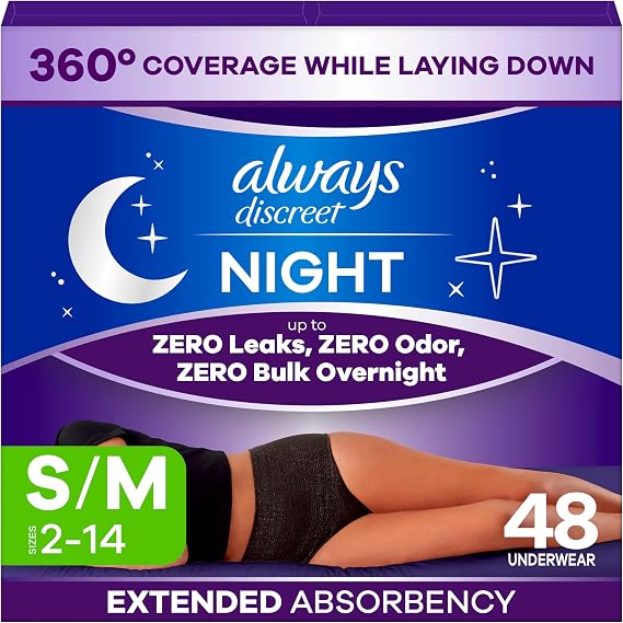 Always Discreet Night, Reimagined Adult Diapers for Women, Extended Overnight Absorbency Incontinence and Postpartum Underwear Size S/M, 360 Degree Coverage While Laying Down, 48 Count