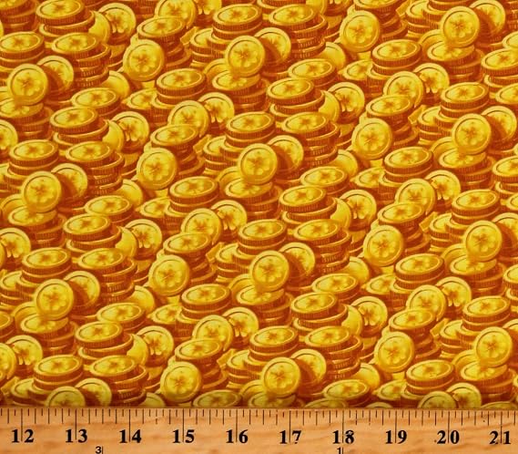 Quality Sewing Fabric 100% Coins Treasure Money Pot of Gold 100% Fabric Print By the Yard Size: 36" x 44"