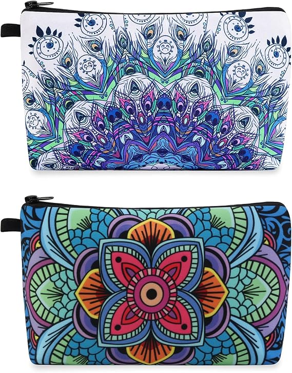 MAGEFY Makeup Bag, 2 Styles Travel Cosmetic Bag for Women Cosmetic pouch Elegant Blue Patterns Zipper Pouch Waterproof Makeup Pouch Cute (2 Packs, Peacock feather + Mandala pattern 0179)