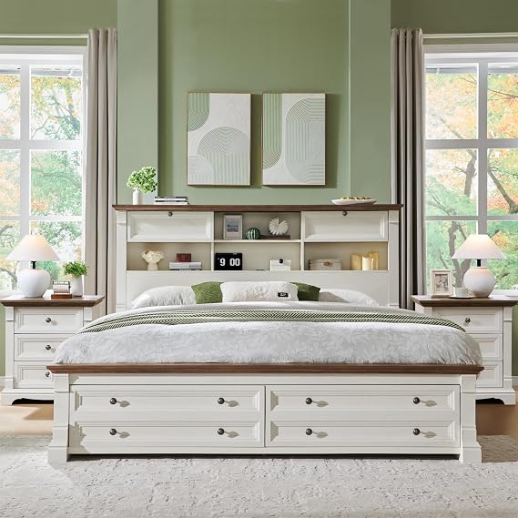 Wood Queen Size Bed Frame with 54" Tall Storage Headboard Charging Station | Platform Bed Frame with 2 Drawers & 18" Tall Roman Column Decoration Footboard, No Box Spring Needed(Antique White)