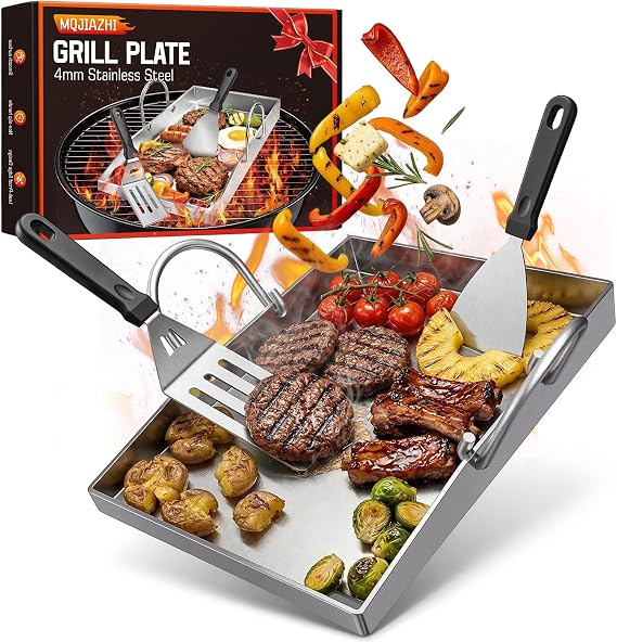 Plancha Grill Plate 40 x 30 cm with Perforation, 4 mm Stainless Steel Plate, Heat Resistant & Non-deformation, Suitable for Burgers, Vegetables, Fish and Steak. Includes Grill Spatula and Removable