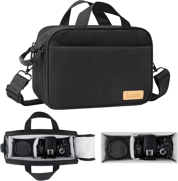 Lacdo Compact Camera Bag Case for SLR/DSLR and Mirrorless Cameras, Fits Canon, Nikon, Sony, Panasonic, Olympus Cameras and Lenses, Camera Shoulder Bag Crossbody Sling Bag for Photographer, Black