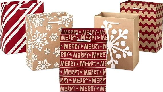Hallmark 6" Small Holiday Gift Bag Set (Pack of 5; Red, White and Kraft) Snowflakes, Stripes, Merry (5XGB1798)