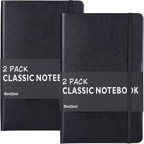 BooQool 2 Pack Classic Ruled Notebooks/Journals - Premium Thick Paper Faux Leather Writing Notebook, Black, Hard Cover, Large, Lined (5.4 x 8.3)
