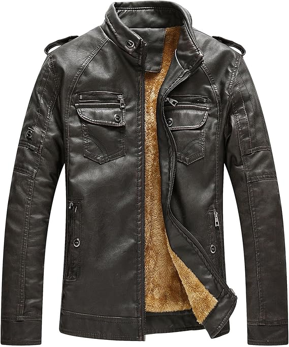 JEKE-DG Men Winter Thickening Coat Retro Slim Fit Highneck Leather Jacket Warm Plush Liner Zipper Outwear Top