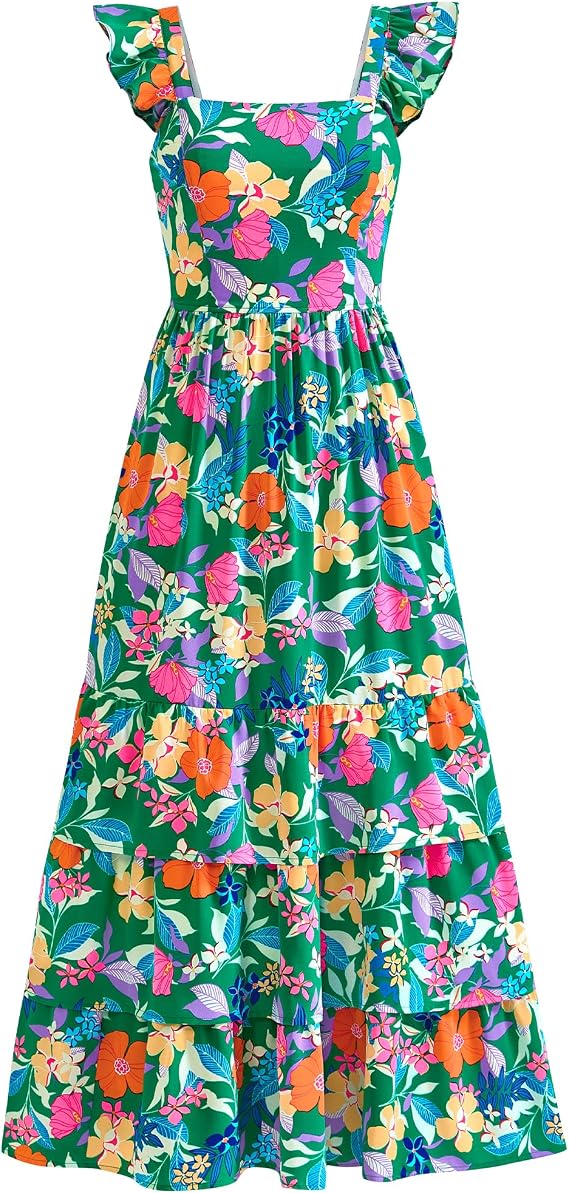 dowerme Women Summer Ruffle Straps Smocked A-Line Boho Floral Maxi Dress