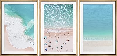 Ashbrook Framed Wall Art Print Set Aerial View Nautical Beach Ocean Wave View Nature Wilderness Photography Modern Art Scenic Colorful Chic for Living Room, Bedroom, Office - 16x24x3 Natural