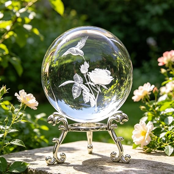 3D Laser Engraved Hummingbird Crystal Ball 60mm Glass Sphere with Stand | crystal ball laser engraved hummingbird figurine paperweight display stand gifts for family and friends.