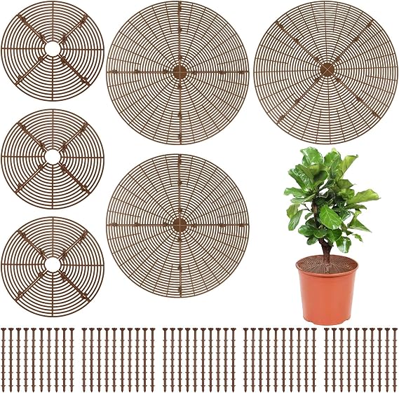 YGAOHF Soil Cover for Indoor Plants, 2 Pcs 20.8" and 3 Pcs 11.8" Plant Pot Grid Cover Protectors from Animals with Stakes, Plastic Cuttable Flower Cover for Cat Digging Stopper, Baby Safety, Brown