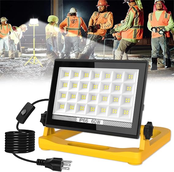 T-SUN LED Work Light with Stand, 60W LED Flood Light,6000K,1 Pack | 60W 6000K LED Work Light with 13FT Cord,3 Modes,Adjustable Stand,Magnetic Base and Hook Design for Job Sites,Garage,Workshops