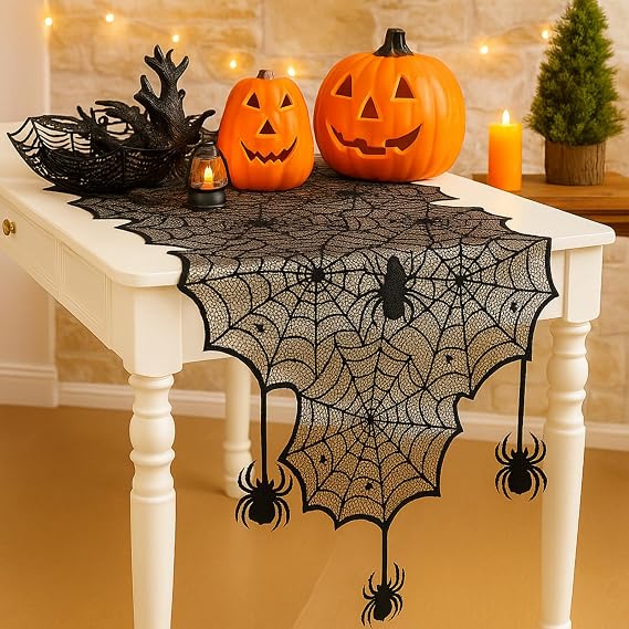 18 x 72 Inch Halloween Table Runner Black Lace Spider Web Decor | Crawling Spider Accent, Fireplace Mantel Cover, Gothic Indoor Party Decor, Dinner Table Centerpiece, Spooky Shelf Display