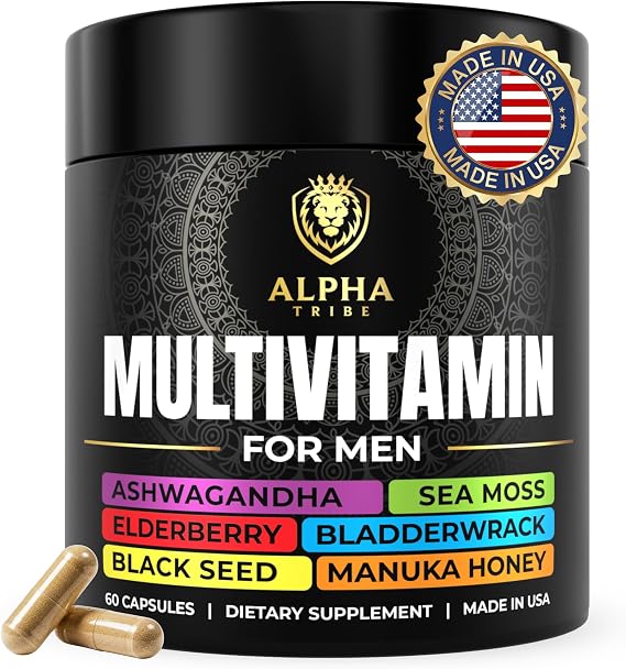 Alpha Tribe Multivitamin for Men with Seamoss Black Seed Oil Ashwagandha Burdock Root, Turmeric Bladderwrack, Vitamin C, Elderberry, Manuka, Yellow Dock | Daily Men's Vitamins and Minerals Supplement