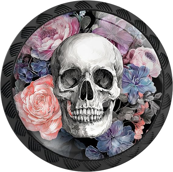 4 Pack Skull with Flowers Cabinet Knobs for Kitchen Bathroom
