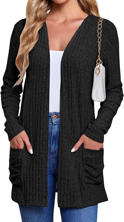 Long Cardigan for Women Open Front Lightweight Cardigan Sweaters Long Sleeve Fall Winter Outerwear with Pockets