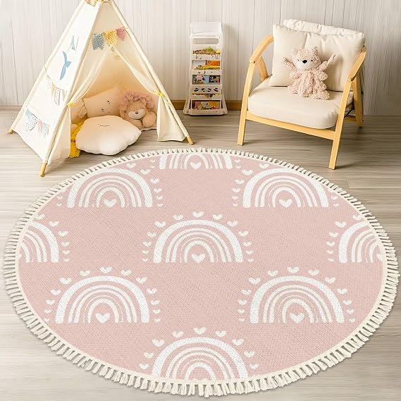 Round Boho Rug Kids Hand Drawn Seamless with Pink Pastel Rainbows Summer for Baby Area Linen Carpet Patio Hallway Runner Mat Pad Minimalist Home Decor Living Room Outdoor, Multi, 4 ft