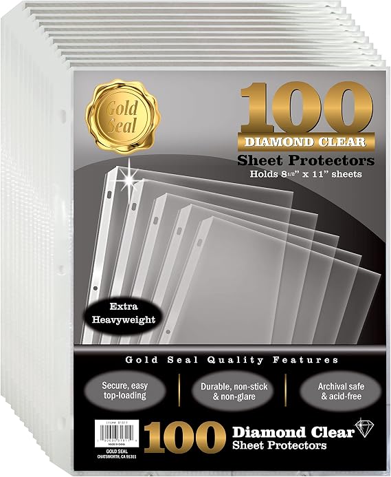 GOLD SEAL Page Protectors, 100 Pack Diamond Clear 4 Mil Heavyweight Page Protectors for 3 Ring Binder, 8.5 x 11 Top Load Clear Binder Sleeves, Durable Sheet Protectors