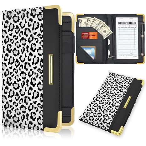 Server Book, Waiter Wallet in High Quality Leather, with Money Pocket and Zipper Pouch, Restaurant Waitstaff Organizer Fits Server Apron and Receipt Holder (Leopard-White)